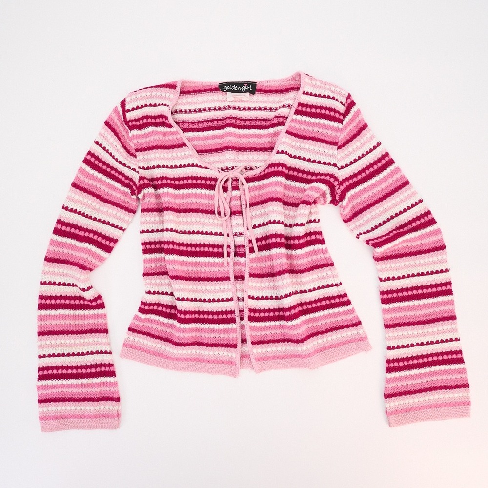 Goldengirl Pink & White Cardigan Striped Textured Knit Tie Front